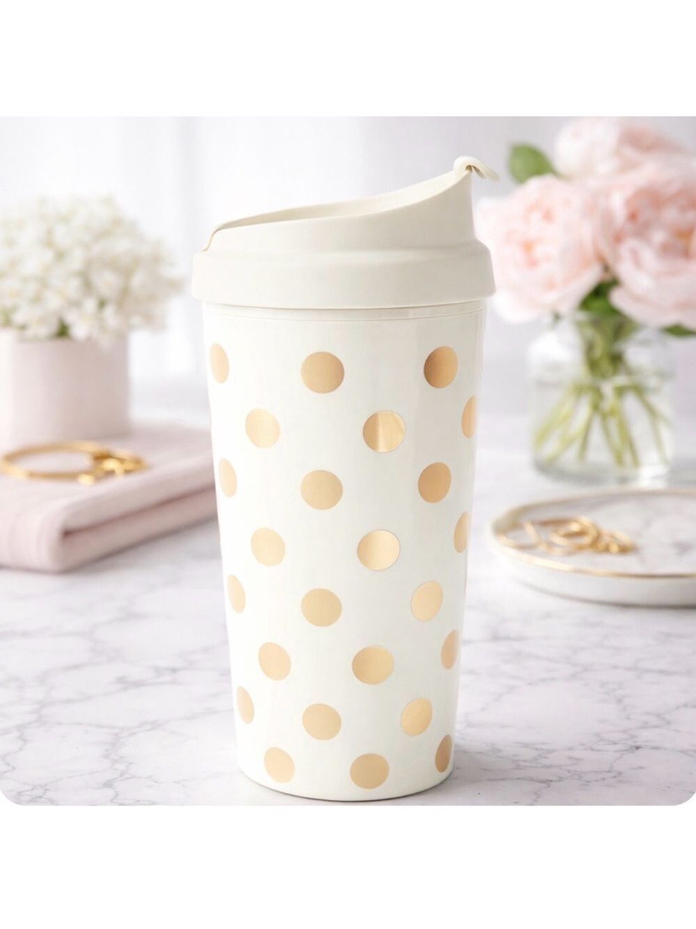 KATE SPADE NEW YORK GOLD POLKA DOT MUG NWT CHIC 16OZ